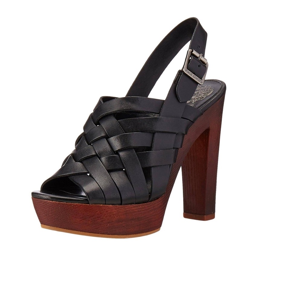 Vince Camuto Black Woven Leather Platform Sandals with Brown Wood Heel